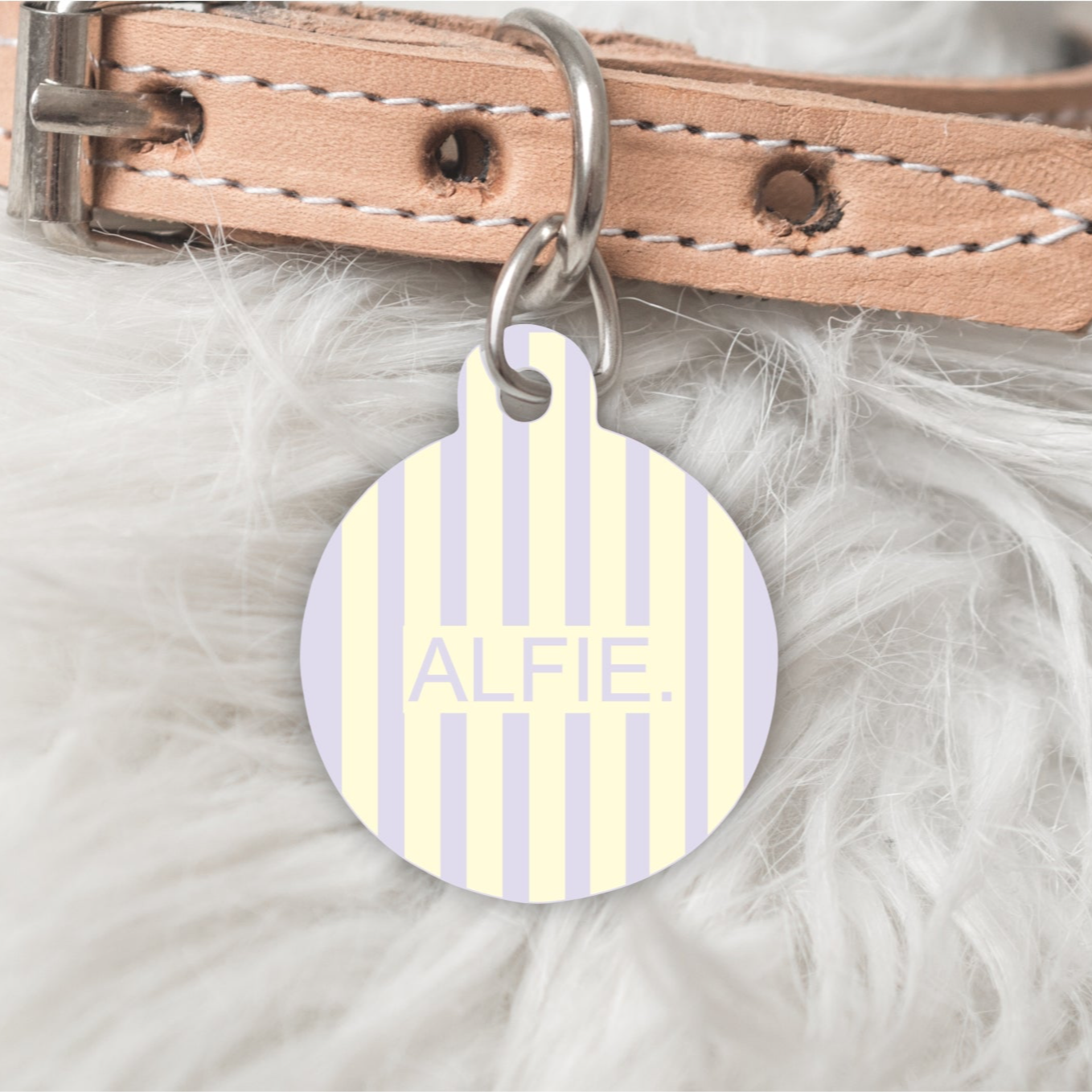 Striped Personalised Pet dog or cat ID Tag Lilac/Lemon