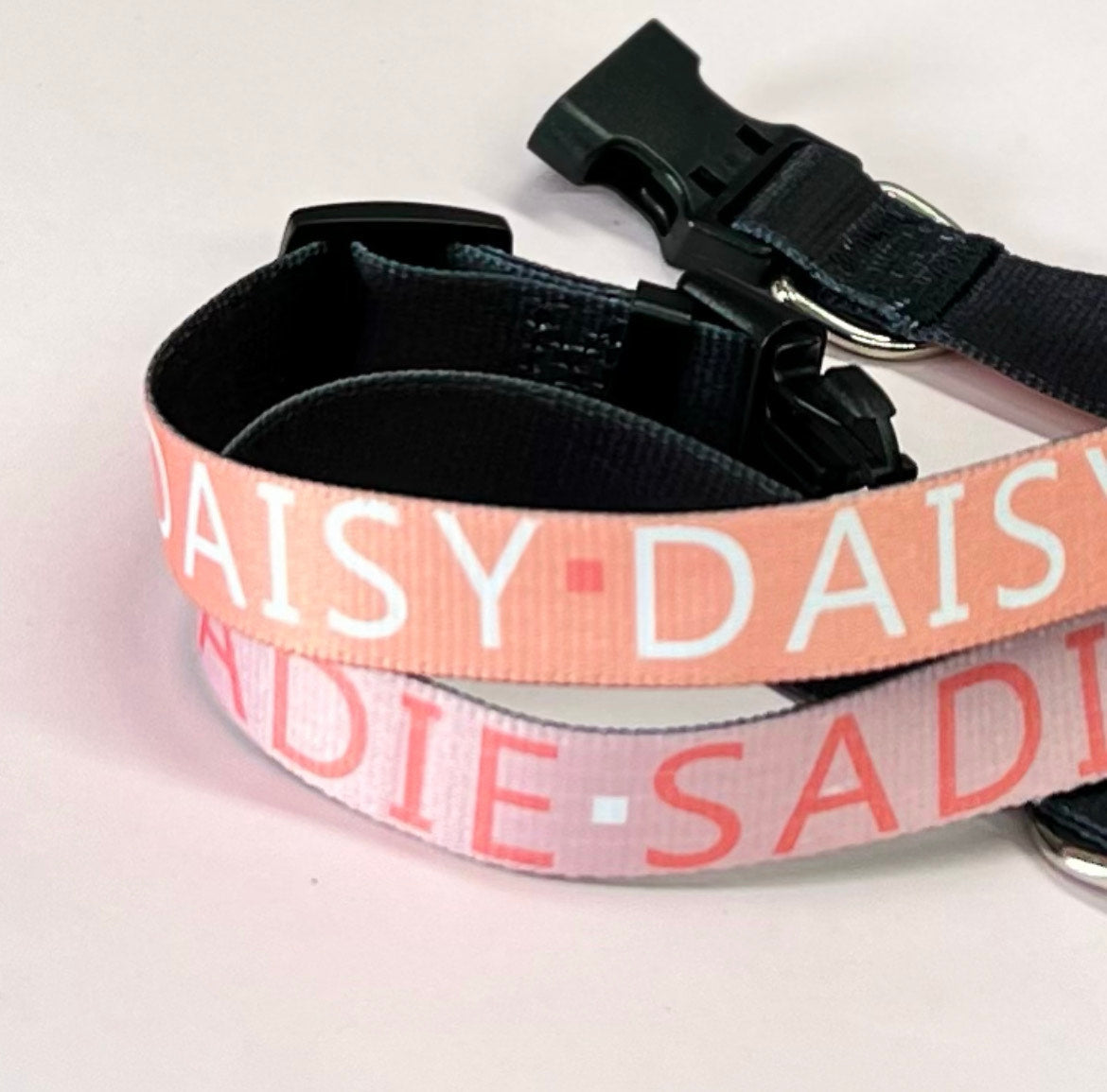 Personalised dog collar with pets name phone number. front photo of 2 collars