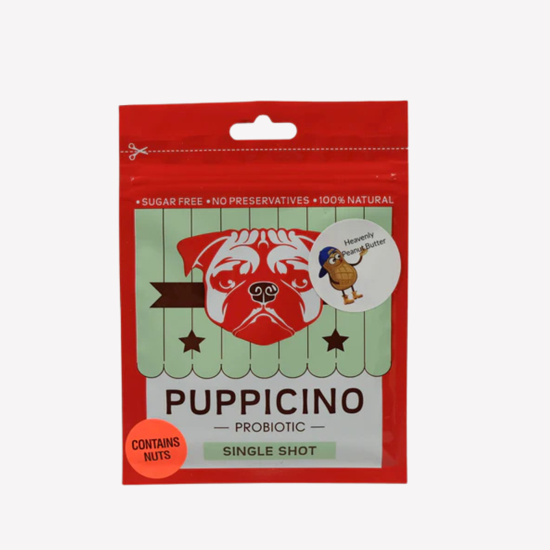 Puppicino probiotic packaging with a red border on a white background
