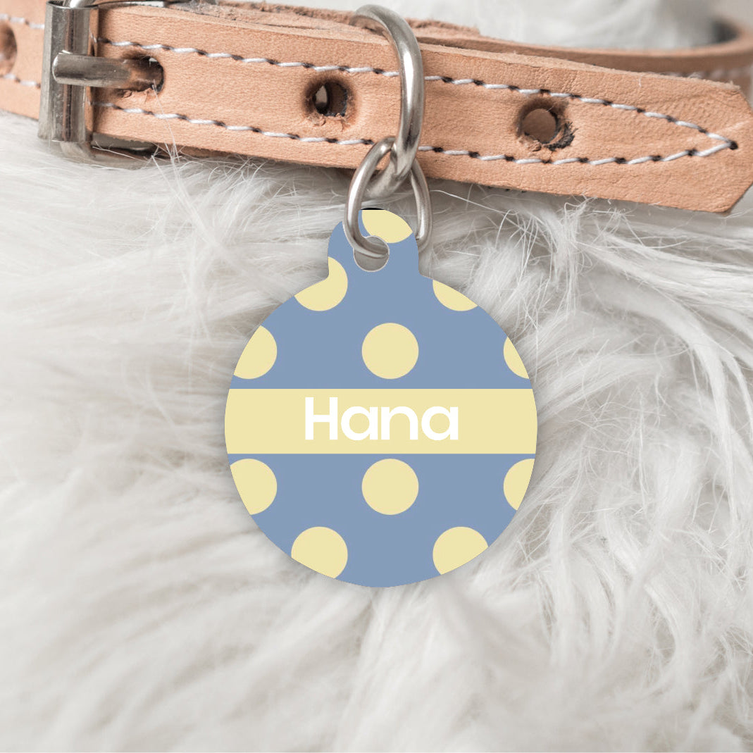 Dog collar with a blue and yellow polka dot tag on a fluffy white background