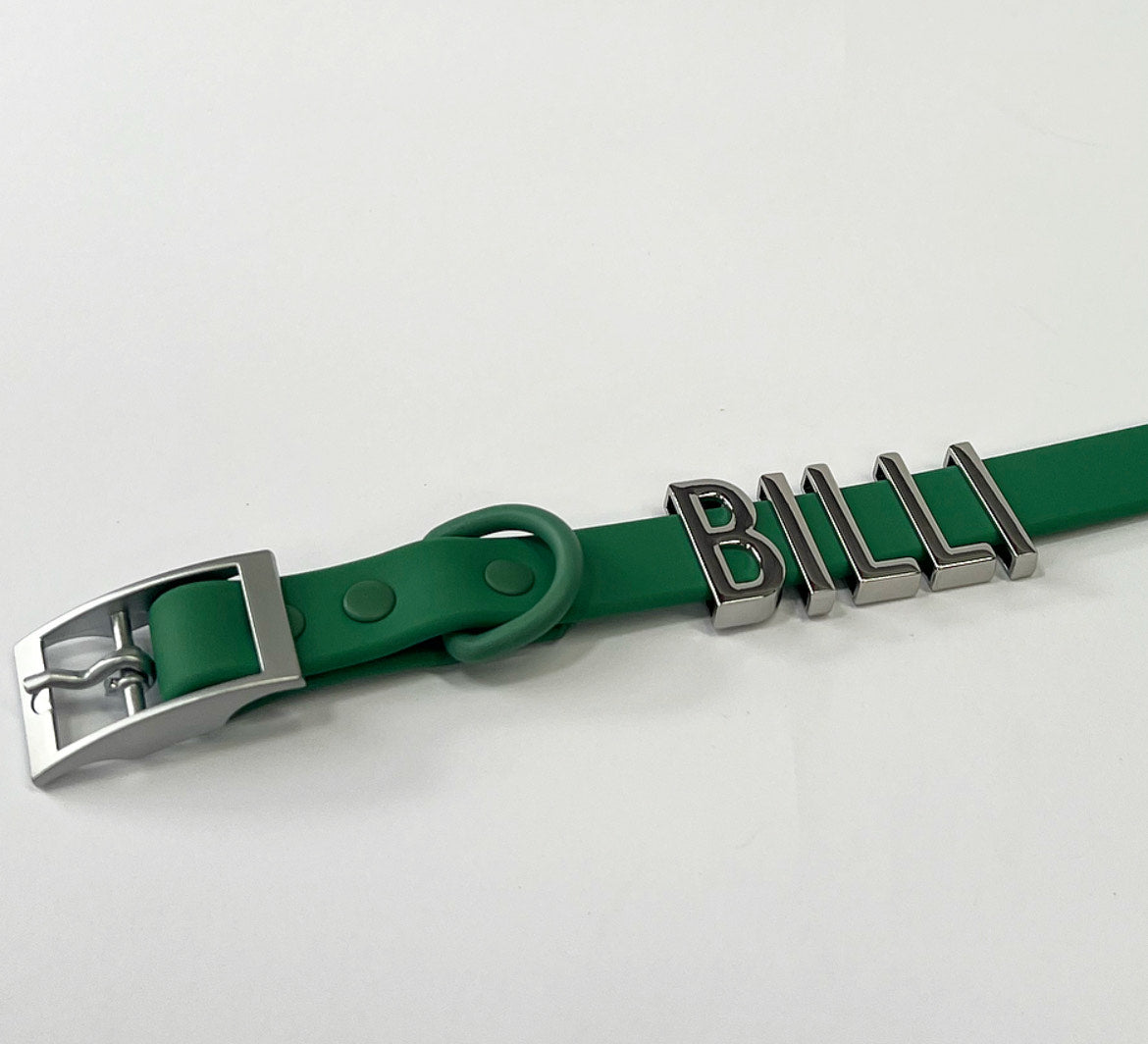 Green smooth collar with personalised hardware (Includes Up to 6 Letters)
