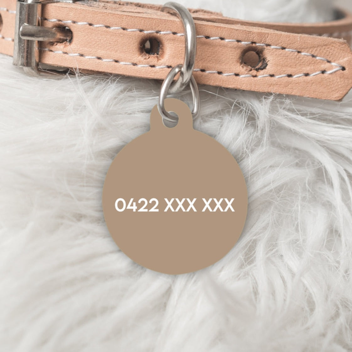 Back of brown dog tag with pet owners phone number