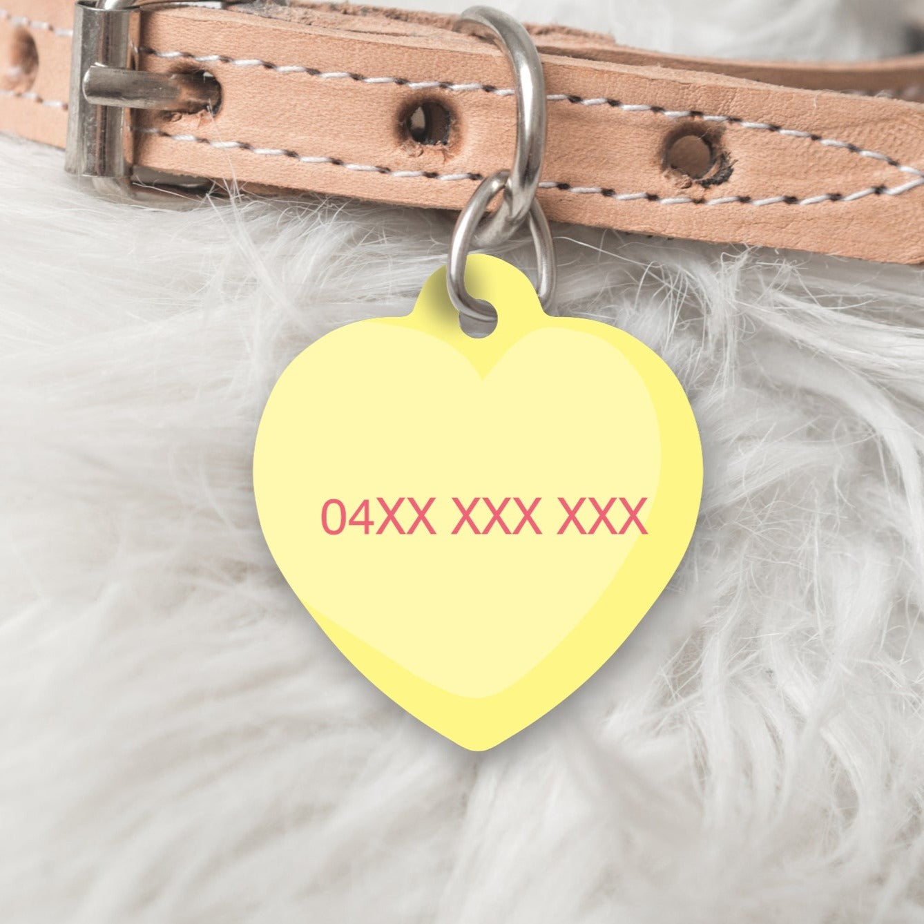 Back Yellow heart dog tag with phone number