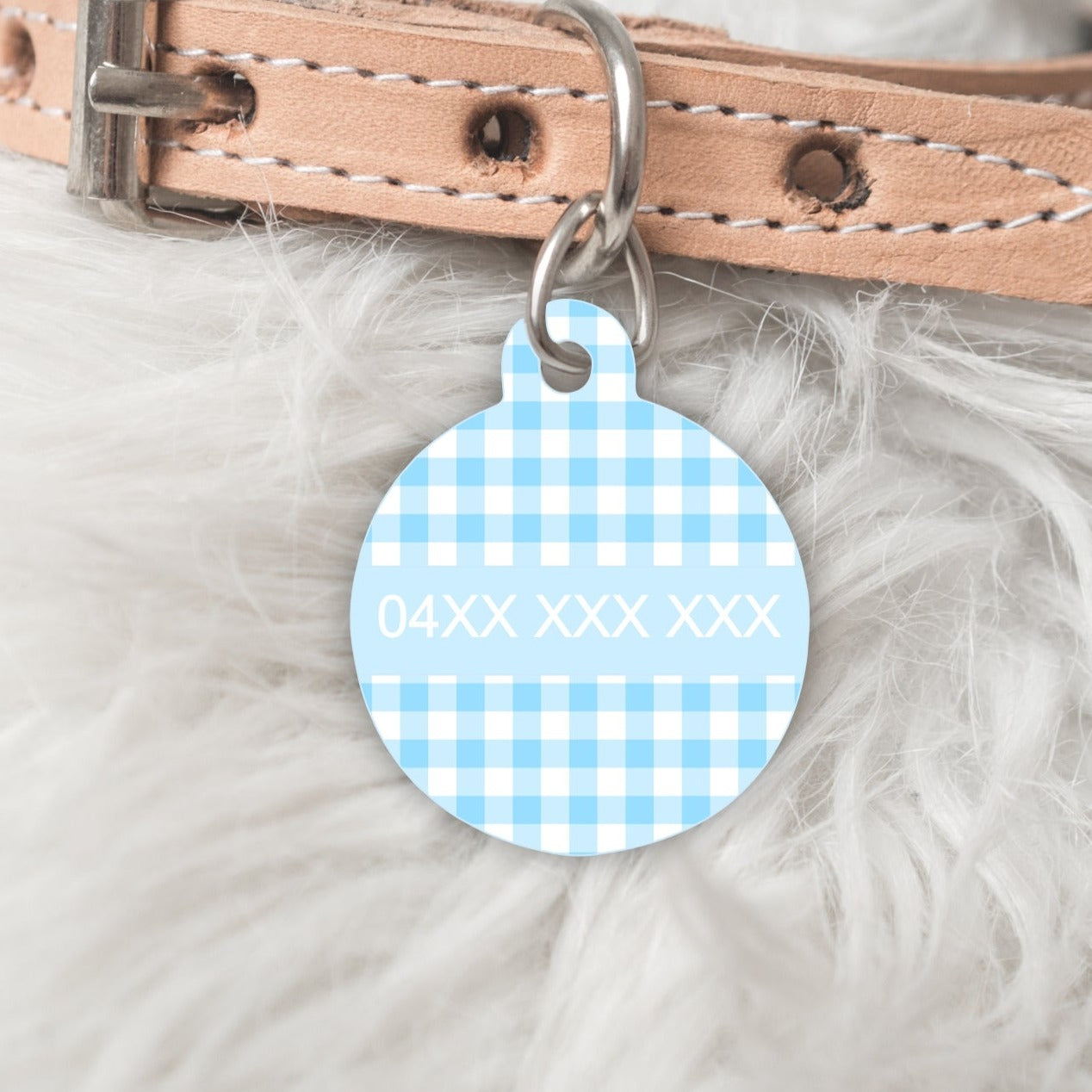 Sky Blue Gingham Personalised Pet dog or cat ID Tag