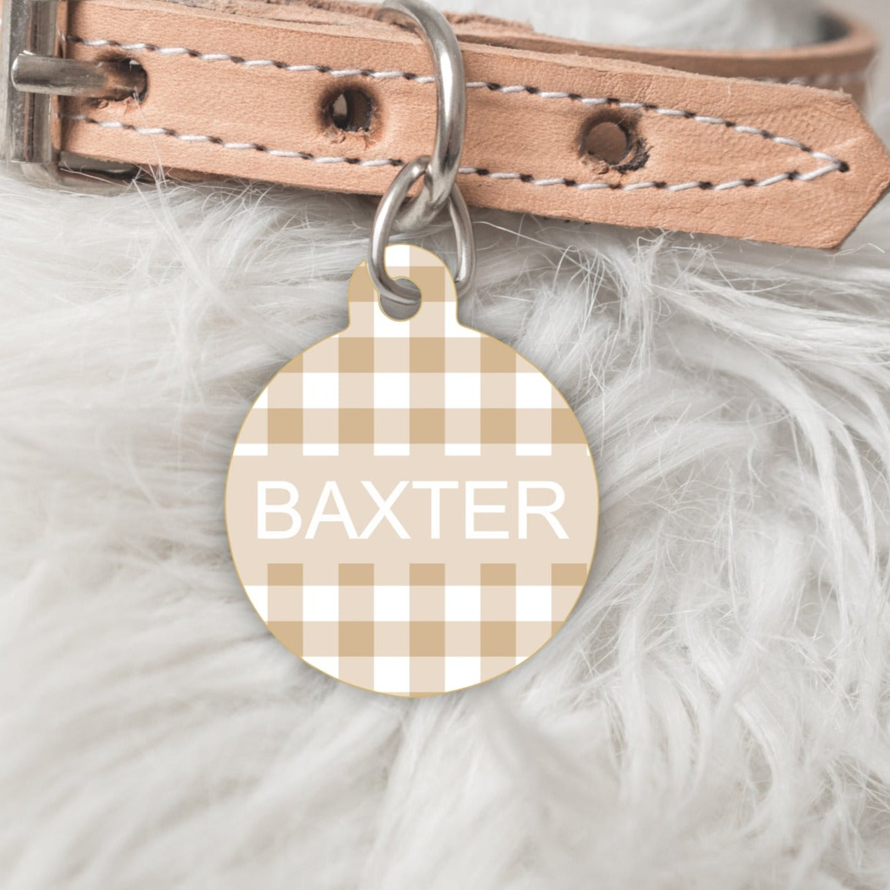 tan gingham name tag for cats and dogs